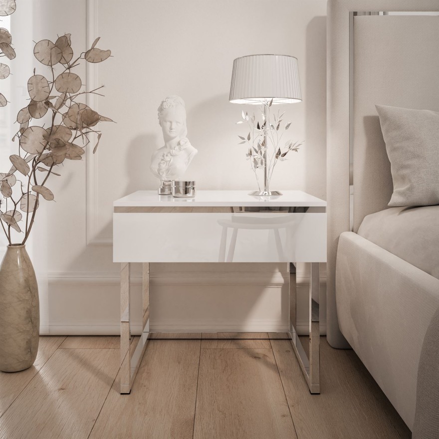 Nachttisch AURORA SILVER auf silbernem Gestell weiß glänzend