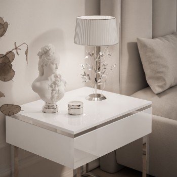 Nachttisch AURORA SILVER auf silbernem Gestell weiß glänzend