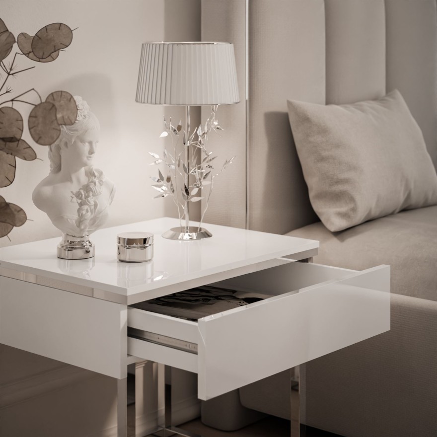 Nachttisch AURORA SILVER auf silbernem Gestell weiß glänzend