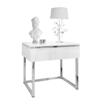 Nachttisch AURORA SILVER auf silbernem Gestell weiß glänzend