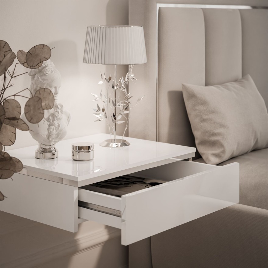 Hängerer Nachttisch AURORA SILVER glänzend weiß