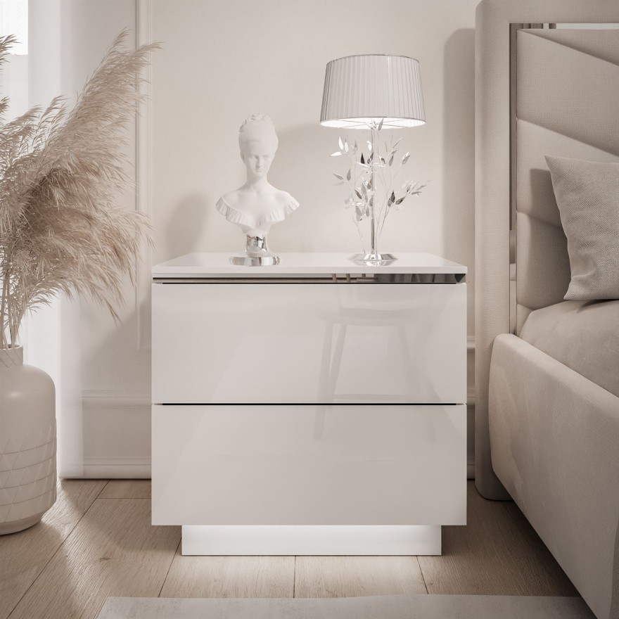 Nachttisch AURORA II SILVER weiß glänzend mit LED-Beleuchtung