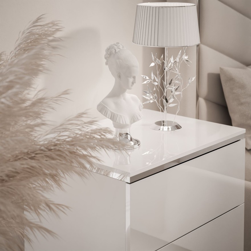 Nachttisch AURORA II SILVER weiß glänzend mit LED-Beleuchtung