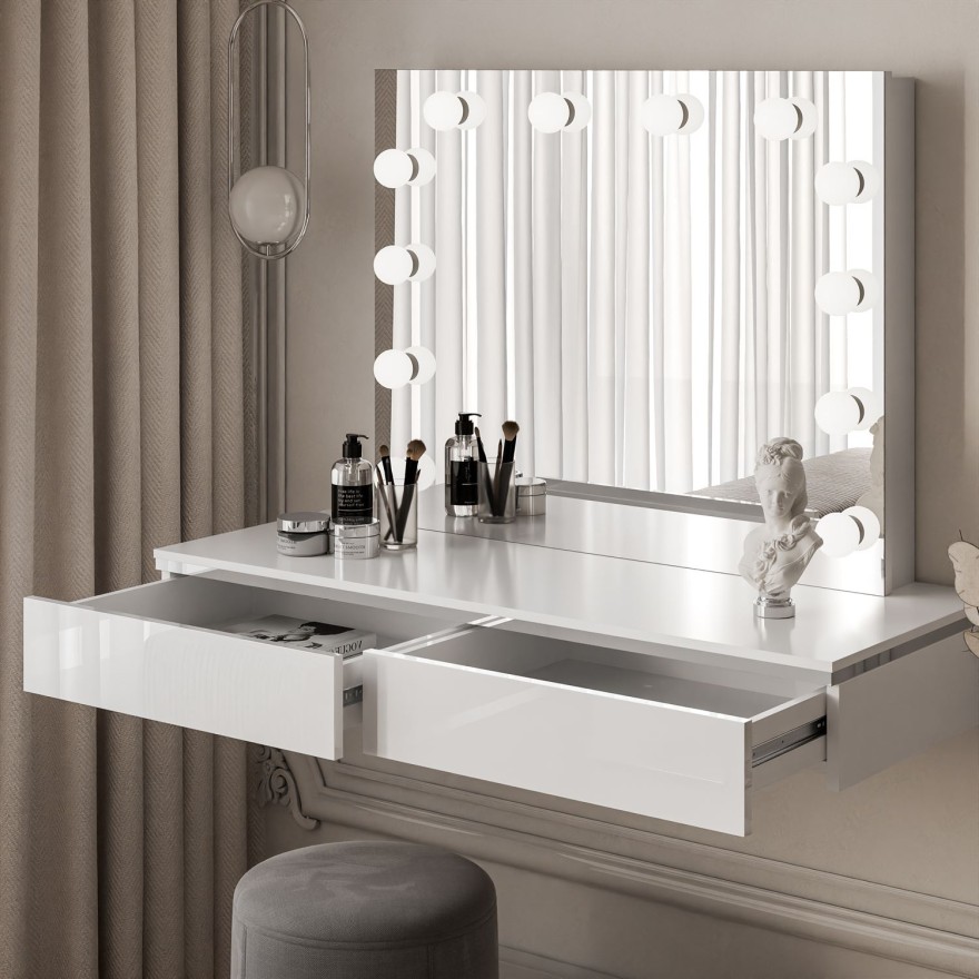 Schminktisch AURORA SILVER ELITE mit Spiegel weiß glänzend