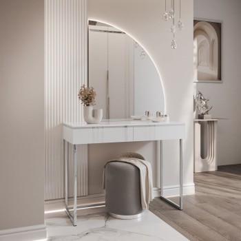 Schminktisch AURORA-Q SILVER weiß hochglanz auf silbernem Gestell