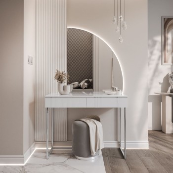 Schminktisch AURORA-Q SILVER weiß hochglanz auf silbernem Gestell