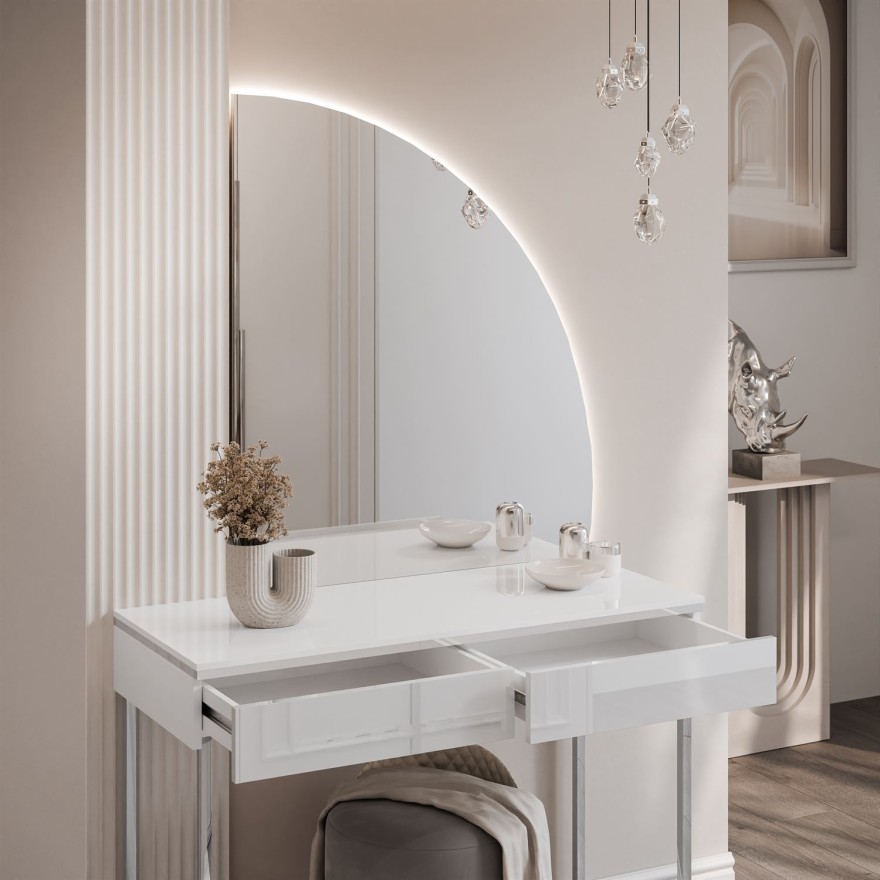 Schminktisch AURORA-Q SILVER weiß hochglanz auf silbernem Gestell