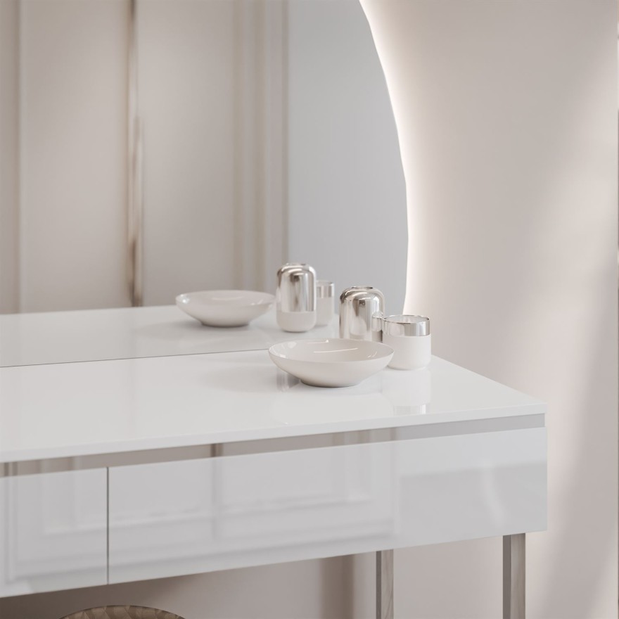 Schminktisch AURORA-Q SILVER weiß hochglanz auf silbernem Gestell