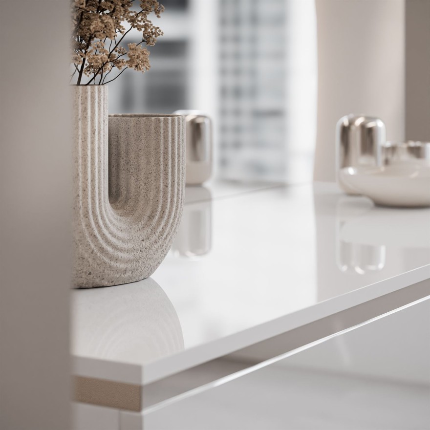 Schminktisch AURORA-Q SILVER weiß hochglanz auf silbernem Gestell