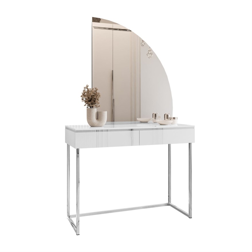 Schminktisch AURORA-Q SILVER weiß hochglanz auf silbernem Gestell