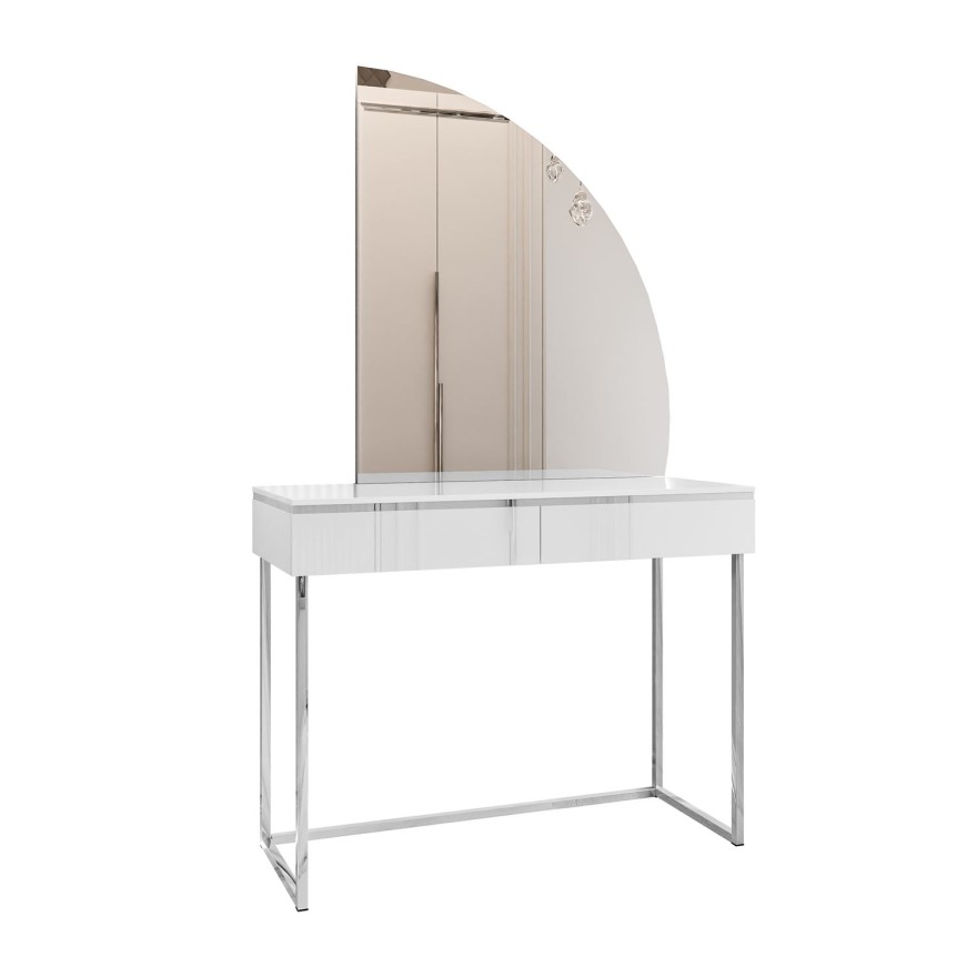 Schminktisch AURORA-Q SILVER weiß hochglanz auf silbernem Gestell