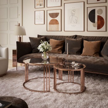 Couchtisch LORI 2in1 mit Glasplatte und Kupferrotemgestell Gestell
