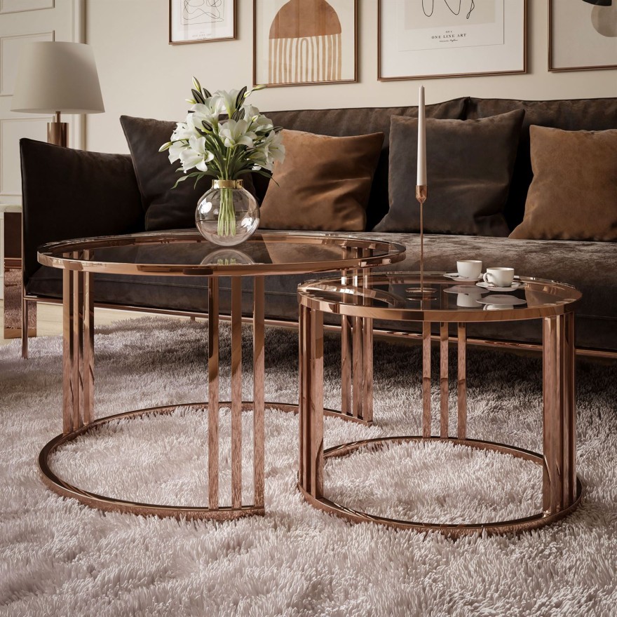 Couchtisch LORI 2in1 mit Glasplatte und Kupferrotemgestell Gestell