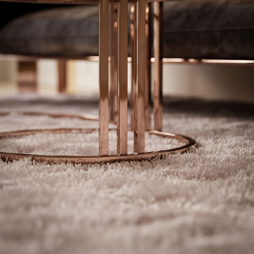 Couchtisch LORI 2in1 mit Glasplatte und Kupferrotemgestell Gestell