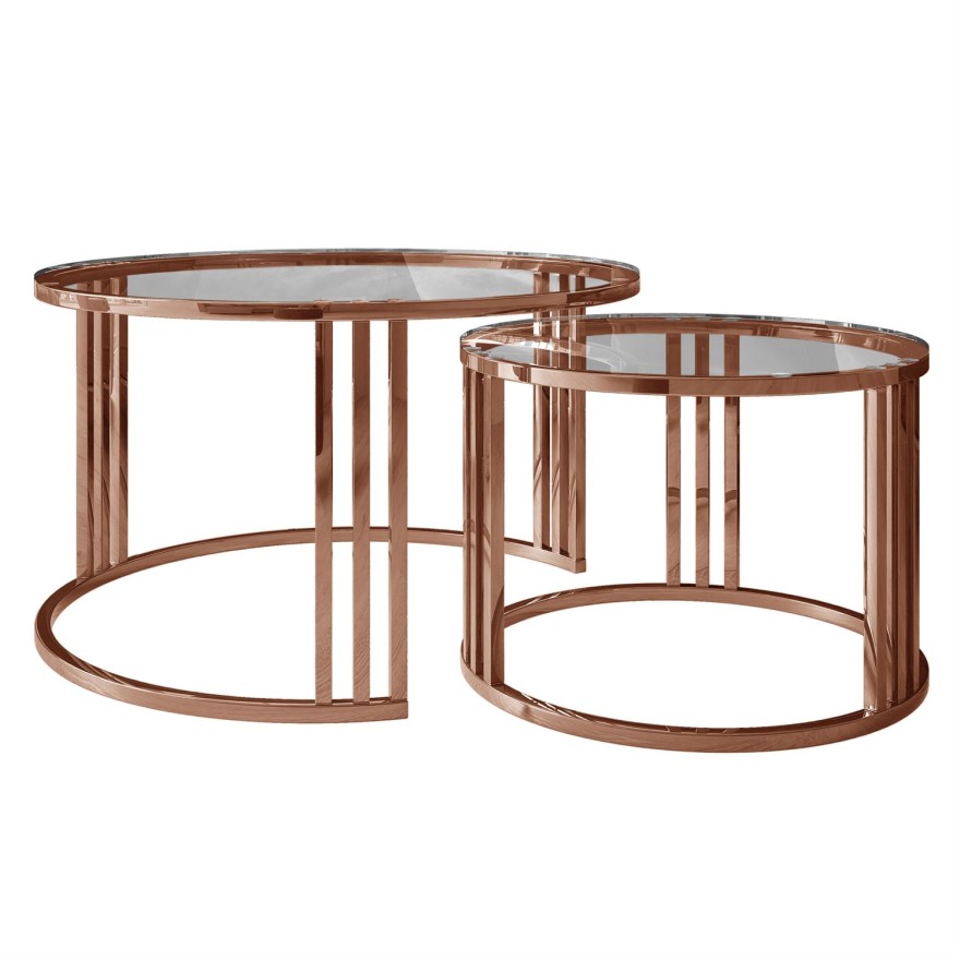 Couchtisch LORI 2in1 mit Glasplatte und Kupferrotemgestell Gestell