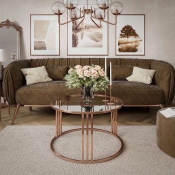 Runder Couchtisch LORI GLASS mit Kupferrotgestell