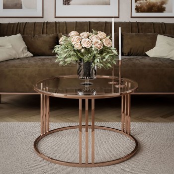 Runder Couchtisch LORI GLASS mit Kupferrotgestell