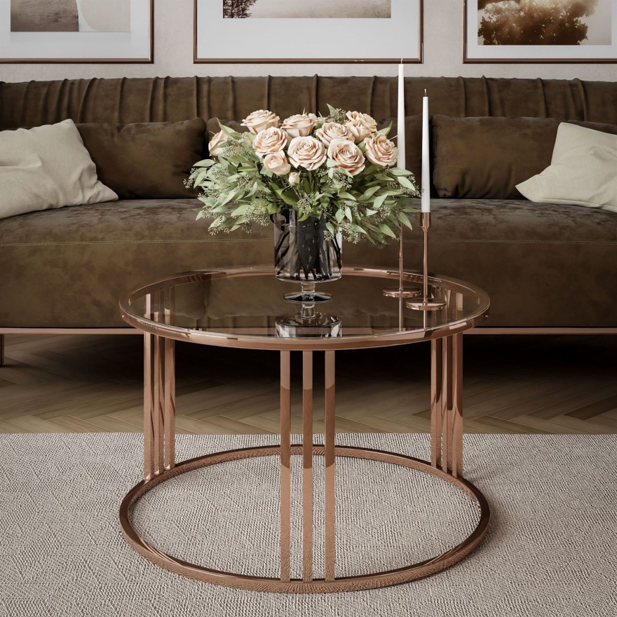 Runder Couchtisch LORI GLASS mit Kupferrotgestell