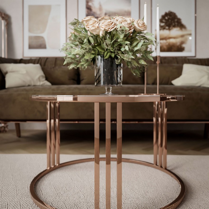Runder Couchtisch LORI GLASS mit Kupferrotgestell