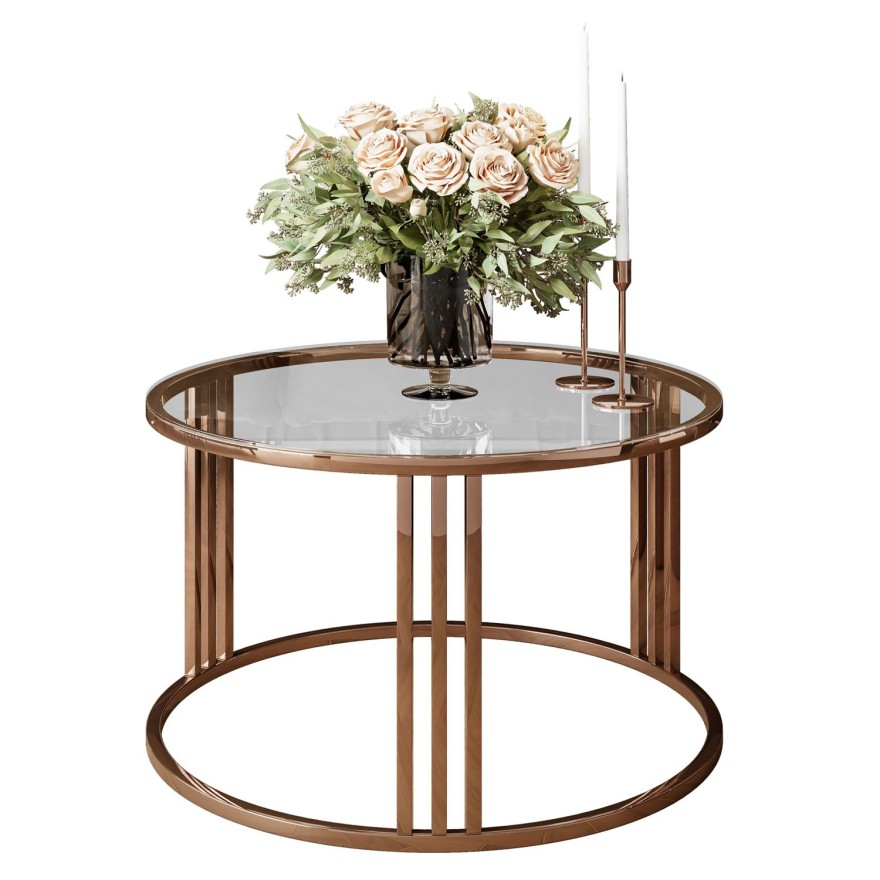 Runder Couchtisch LORI GLASS mit Kupferrotgestell