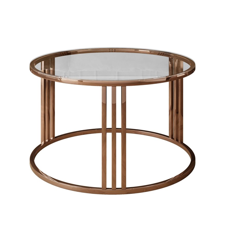 Runder Couchtisch LORI GLASS mit Kupferrotgestell