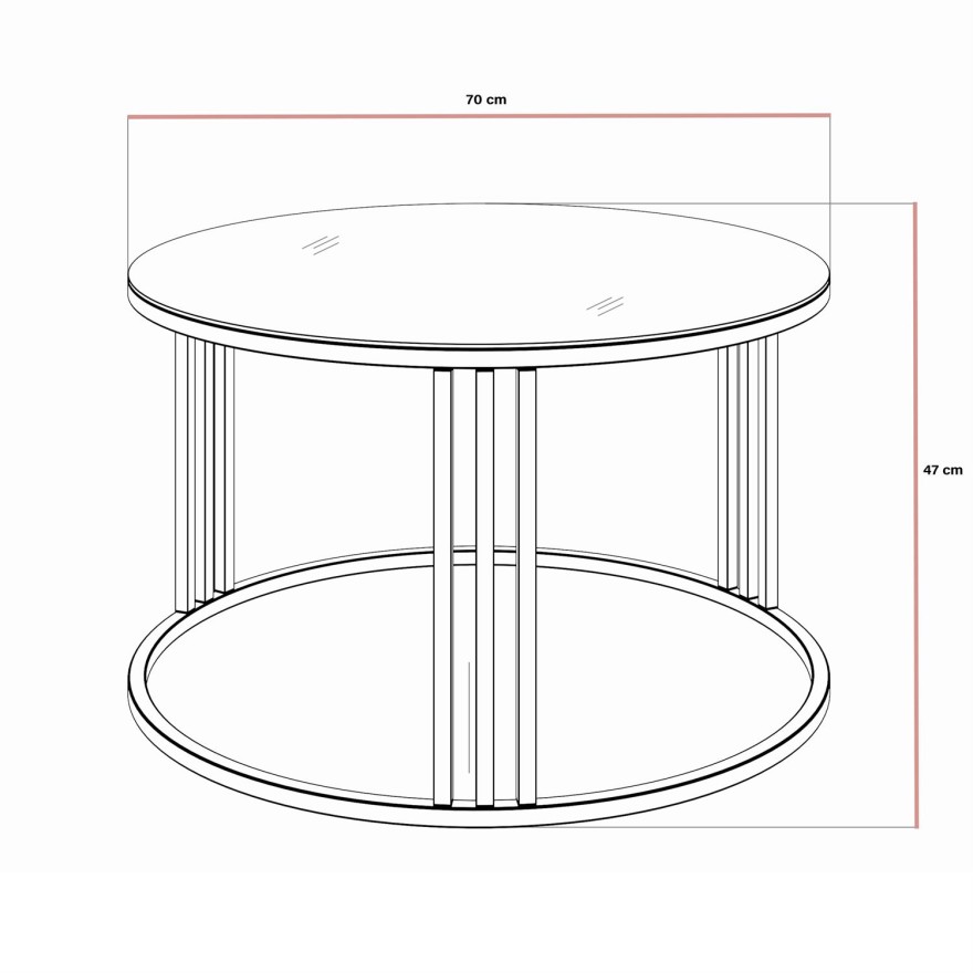 Runder Couchtisch LORI GLASS mit Kupferrotgestell