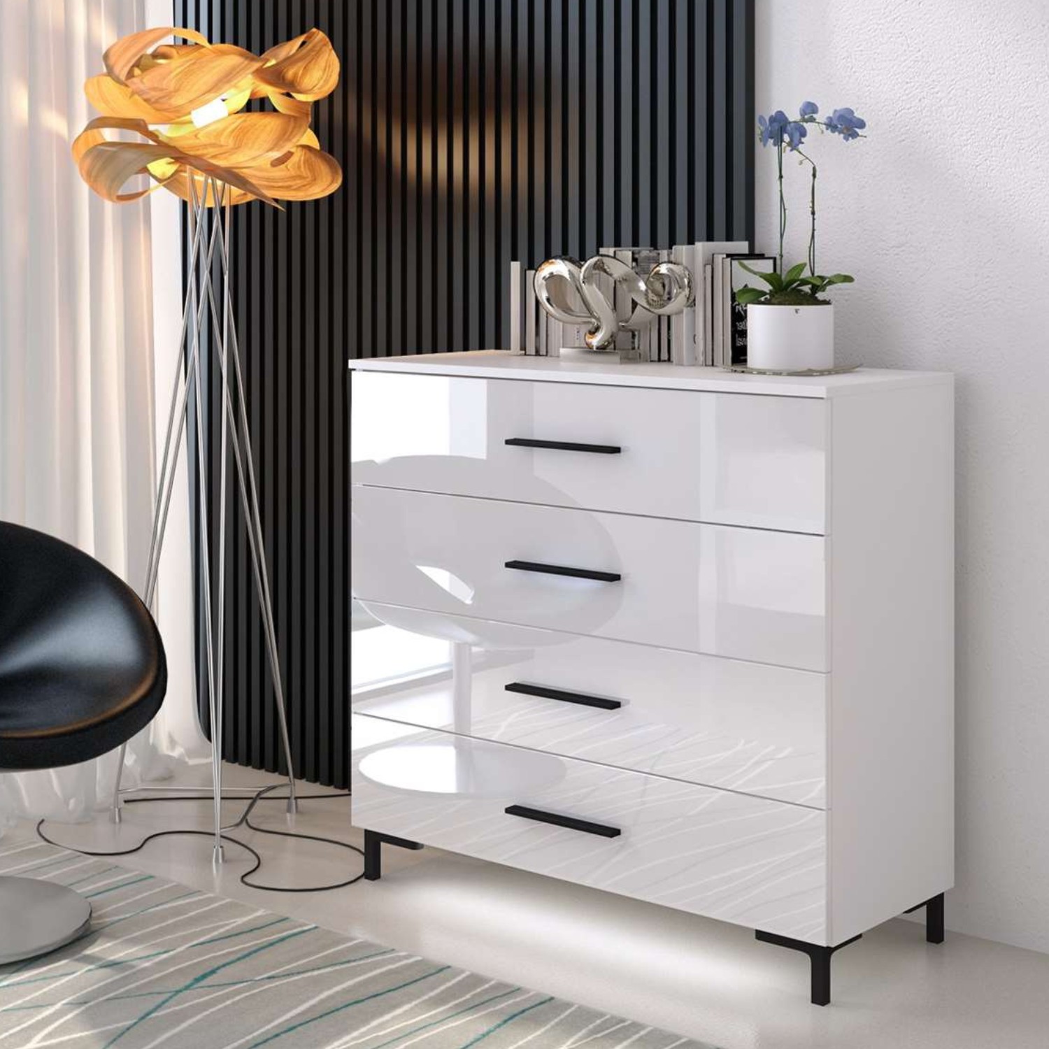 Kommode LINA schwarze Griffe und Beine mit LED