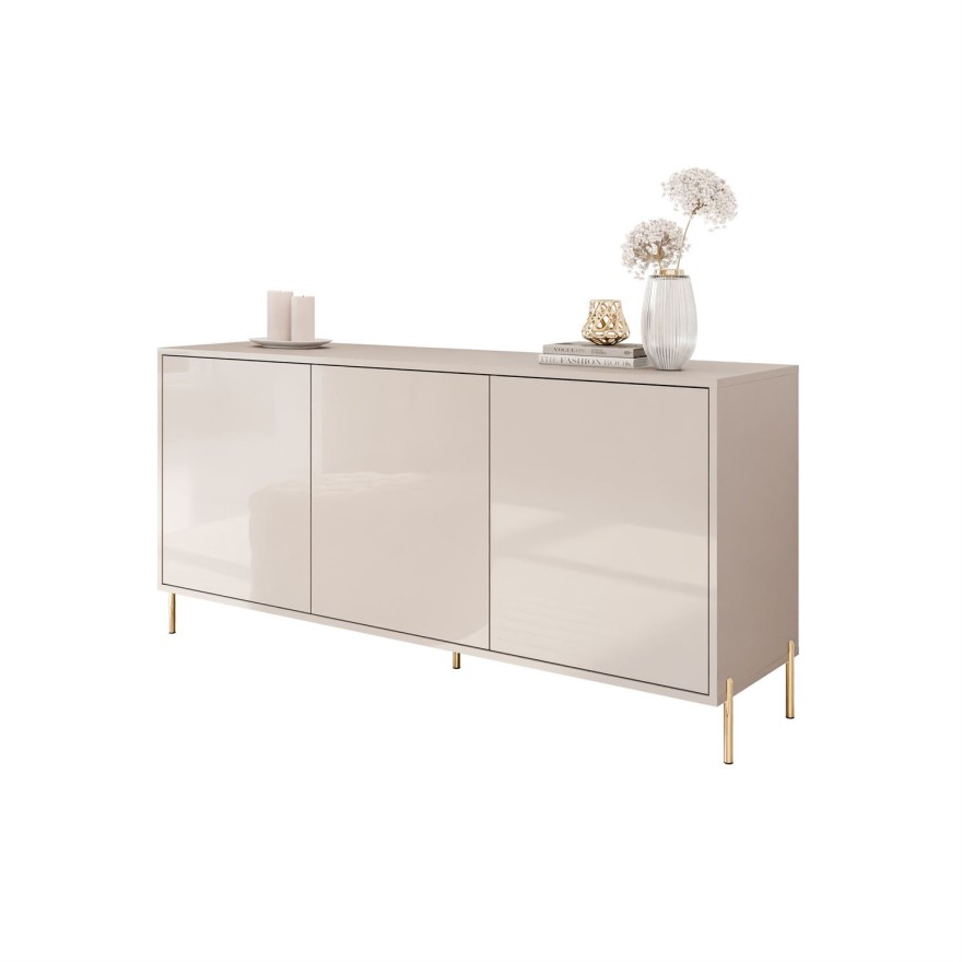 Dreitürige Kommode SANAYI auf Füßen in Kaschmir Hochglanz