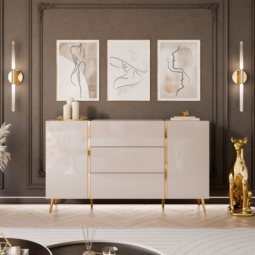 Kommode mit Schubladen ONYX Kaschmir auf goldenen Beinen, Hochglanz, 158 cm