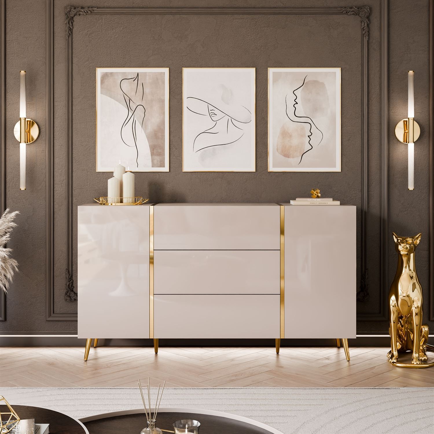 Kommode mit Schubladen ONYX Kaschmir auf goldenen Beinen, Hochglanz, 158 cm