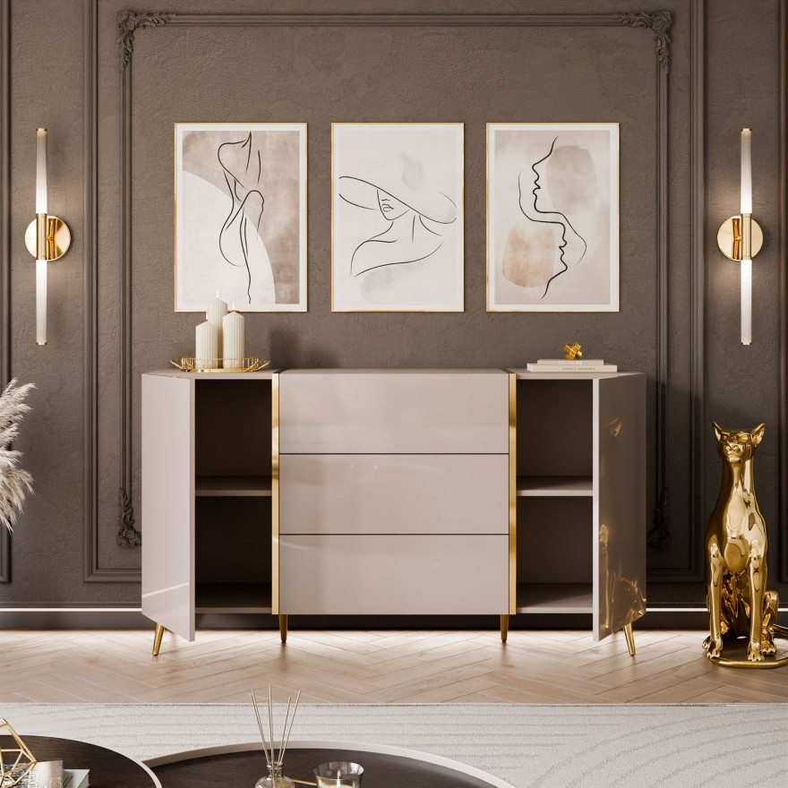 Kommode mit Schubladen ONYX Kaschmir auf goldenen Beinen, Hochglanz, 158 cm