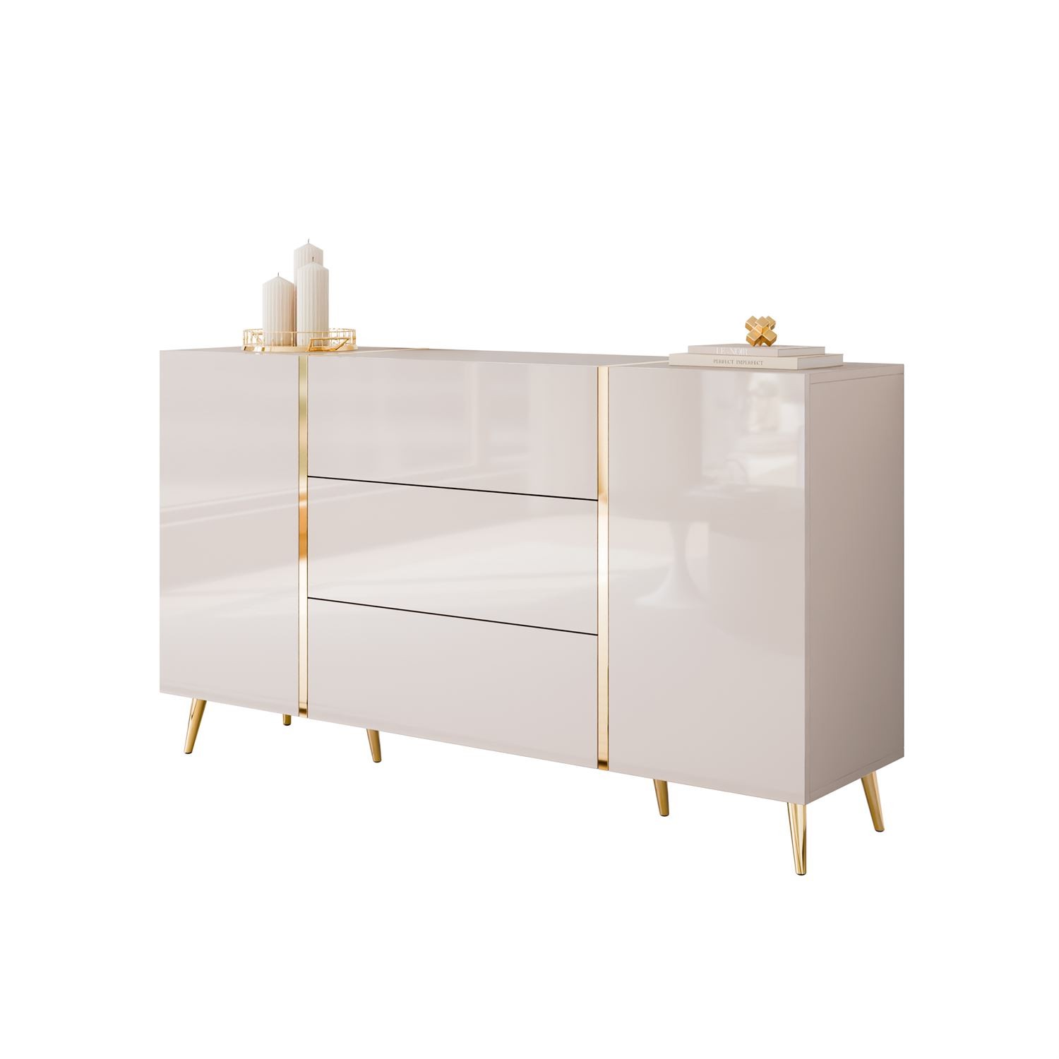 Kommode mit Schubladen ONYX Kaschmir auf goldenen Beinen, Hochglanz, 158 cm
