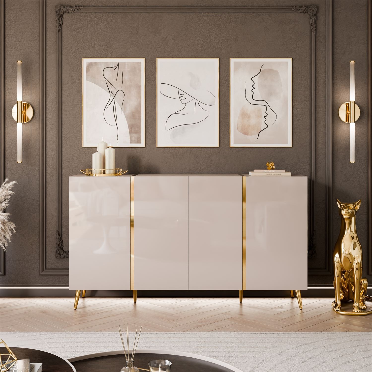 Kommode ONYX 4D Kaschmir auf goldenen Beinen Hochglanz 158 cm