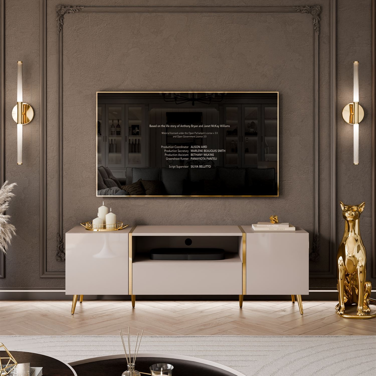 TV-Schrank ONYX 158 cm Kaschmir mit goldenen Beinen und Hochglanz