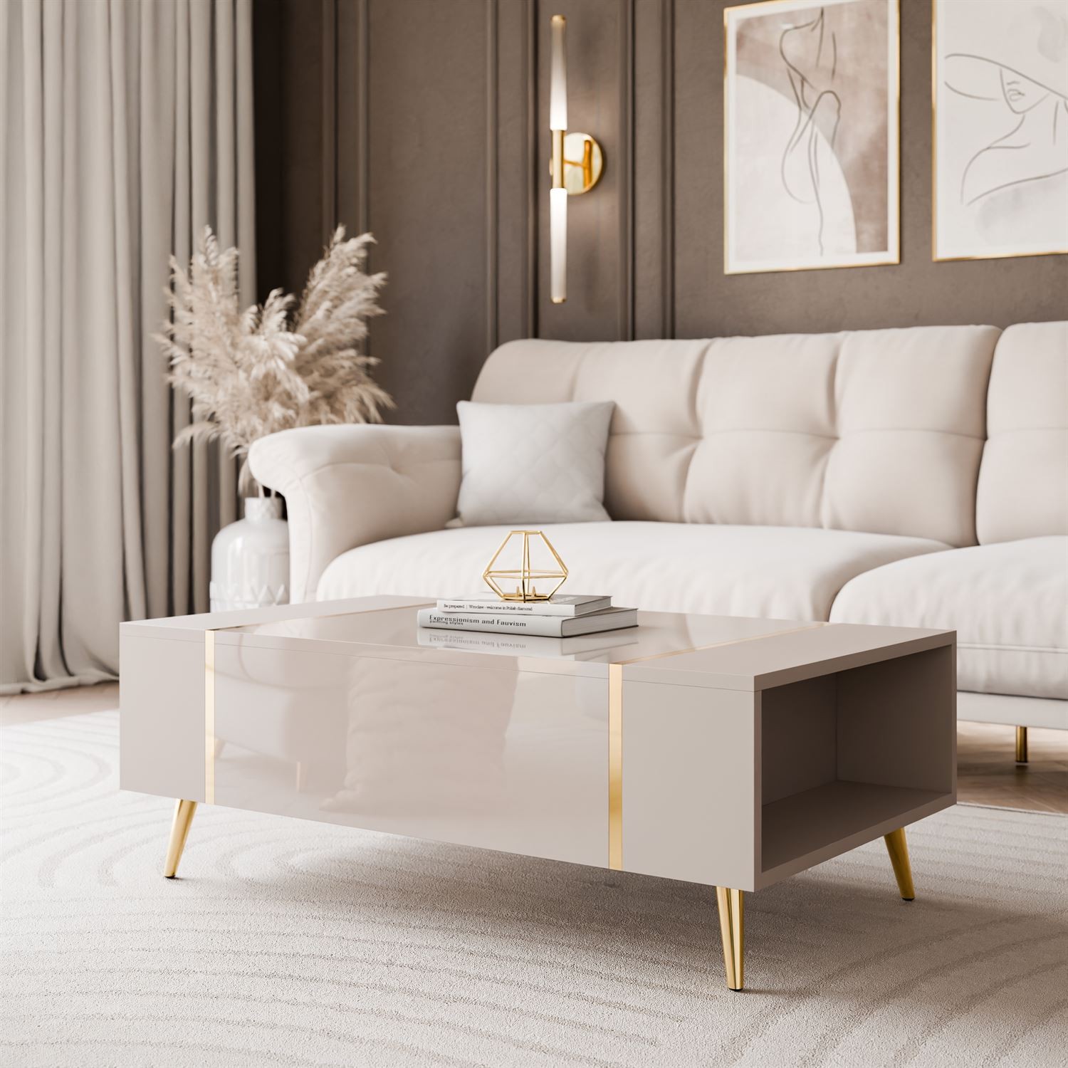 Couchtisch ONYX Kaschmir auf goldenen Beinen Hochglanz