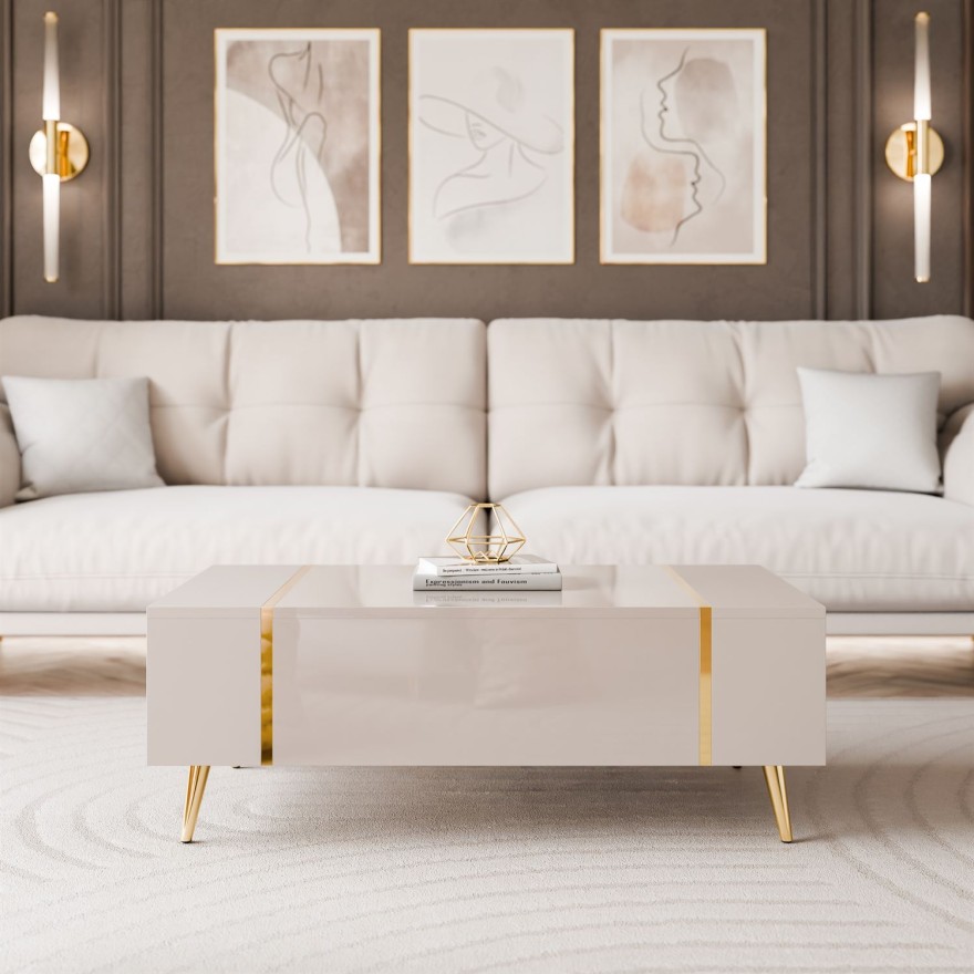 Couchtisch ONYX Kaschmir auf goldenen Beinen Hochglanz