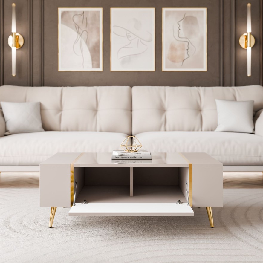 Couchtisch ONYX Kaschmir auf goldenen Beinen Hochglanz