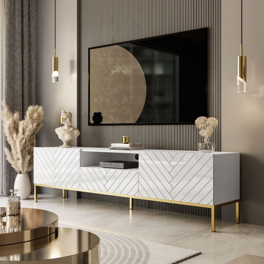 SANTILE TV Schrank, 190 cm in Hochglanz mit goldenen Beinen