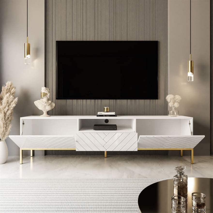 SANTILE TV Schrank, 190 cm in Hochglanz mit goldenen Beinen