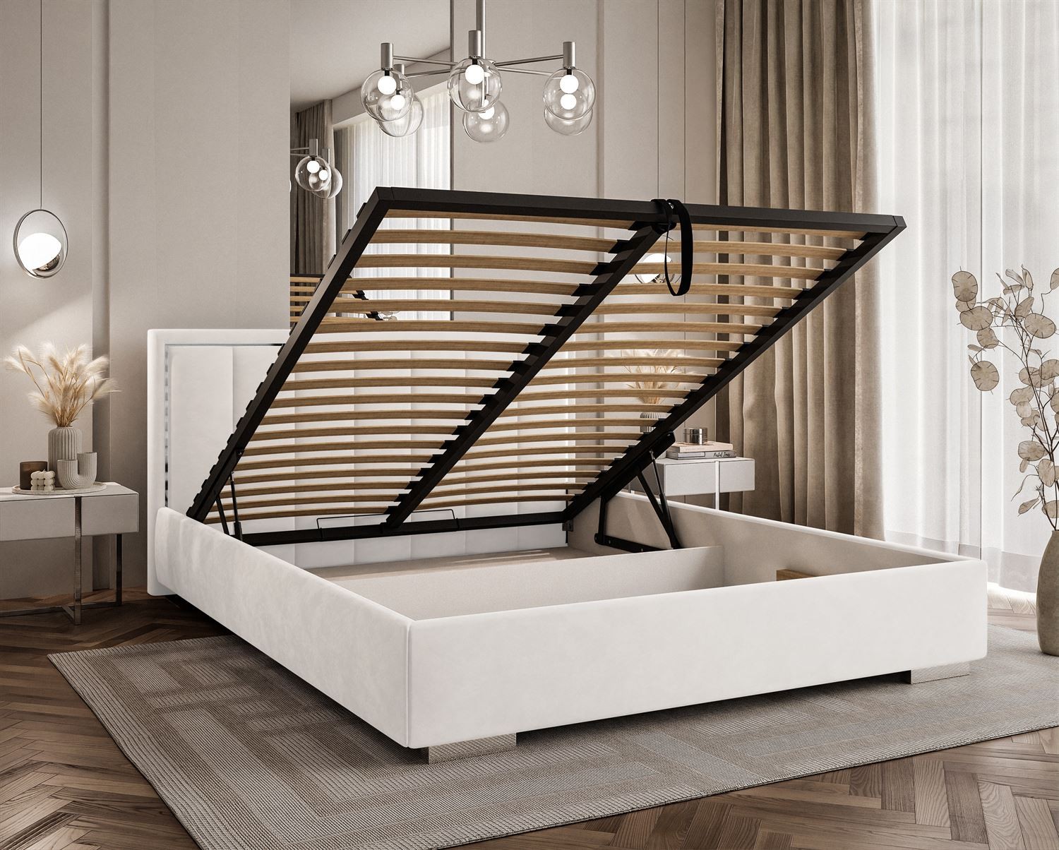 Polsterbett AURELIA SILVER mit Bettkasten und Metallgestell