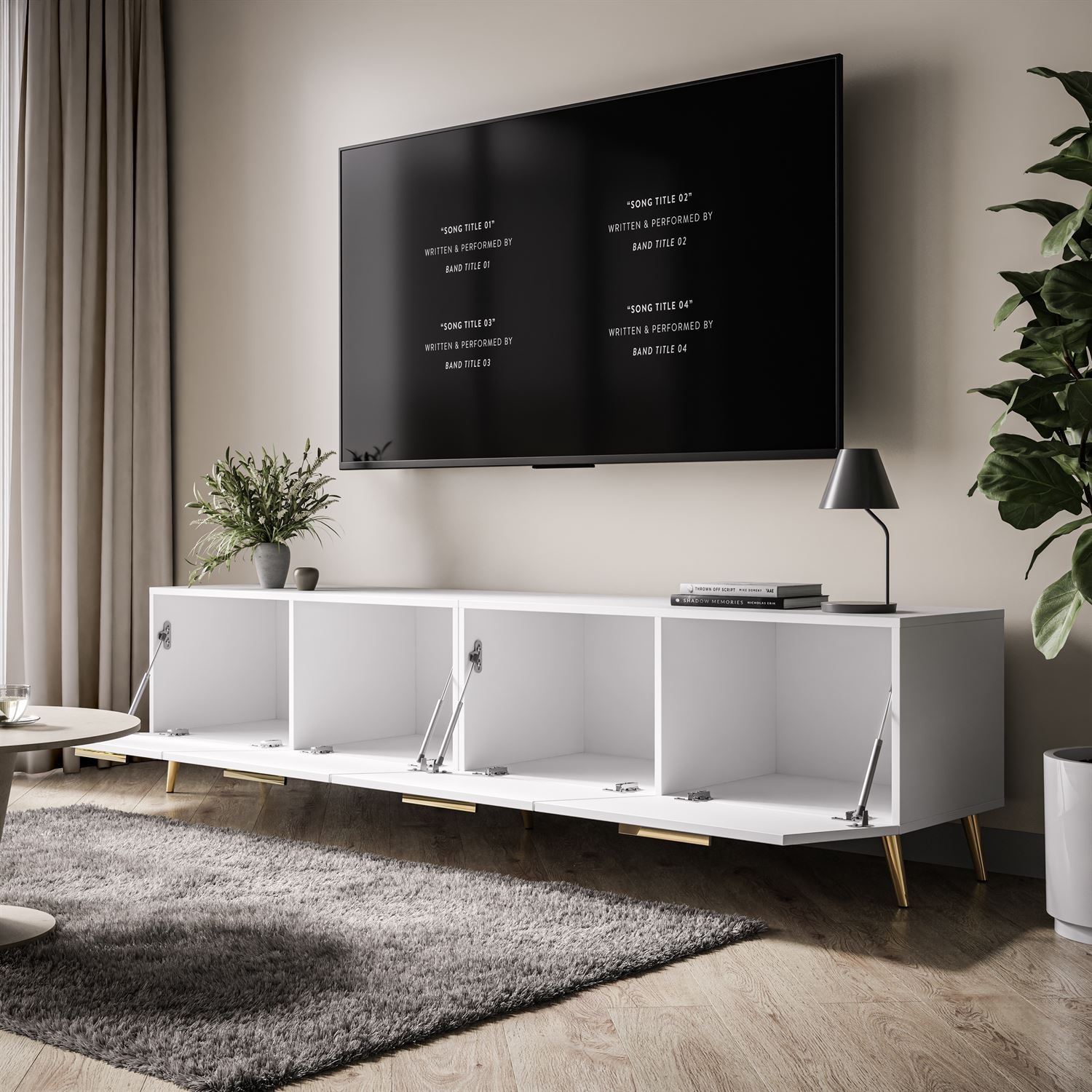 Weißer TV-Schrank AURA 200 cm mit Griffen
