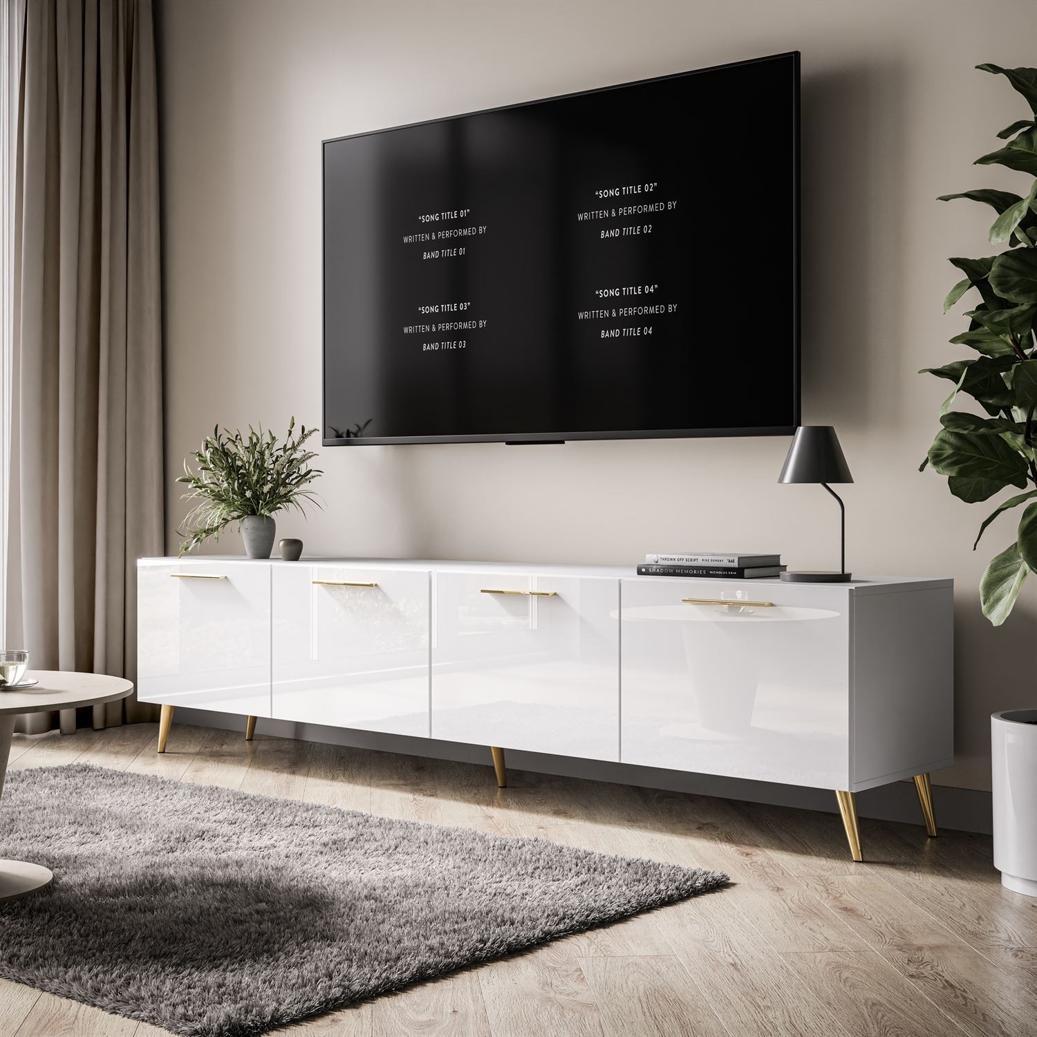 Weißer TV-Schrank AURA 200 cm mit Griffen