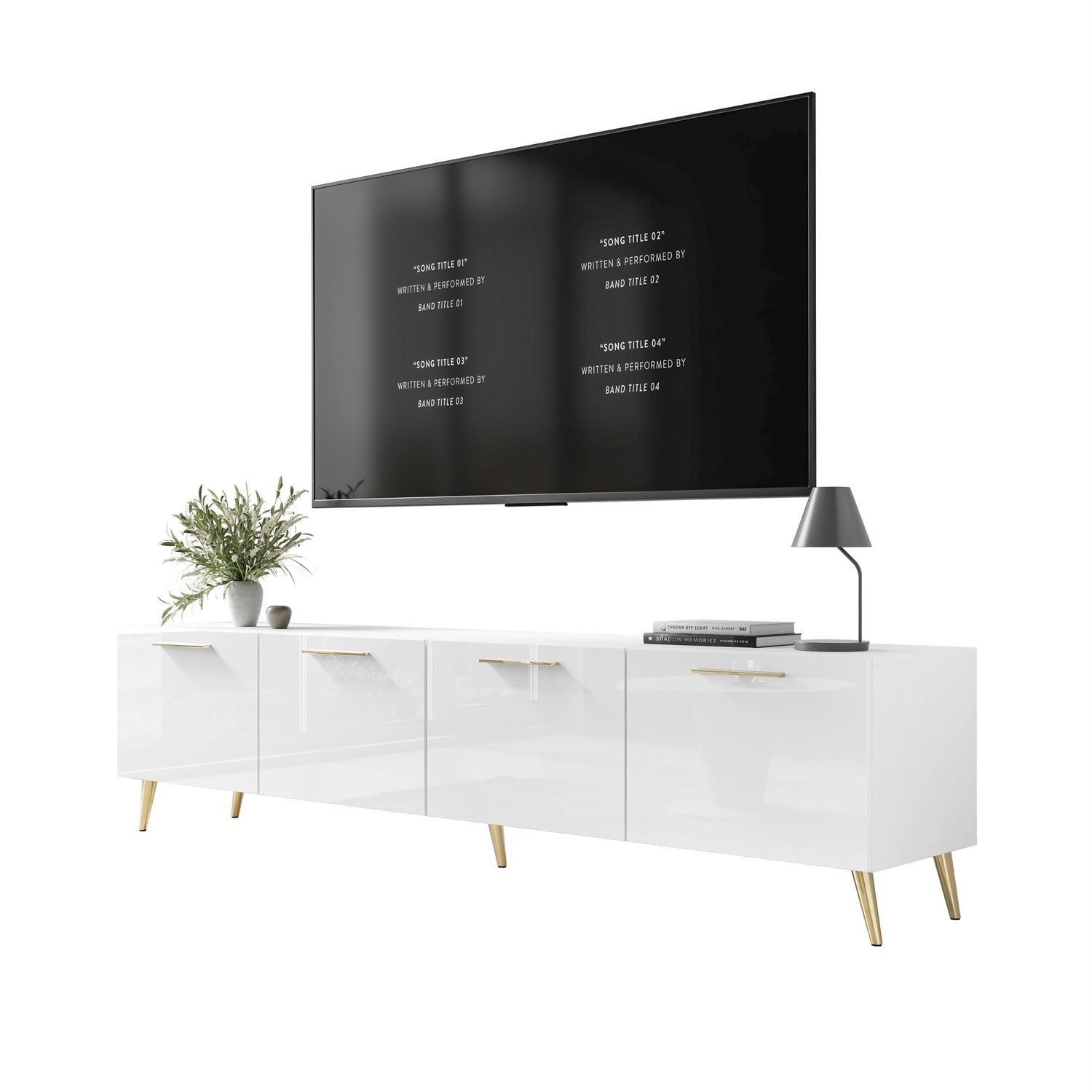 Weißer TV-Schrank AURA 200 cm mit Griffen