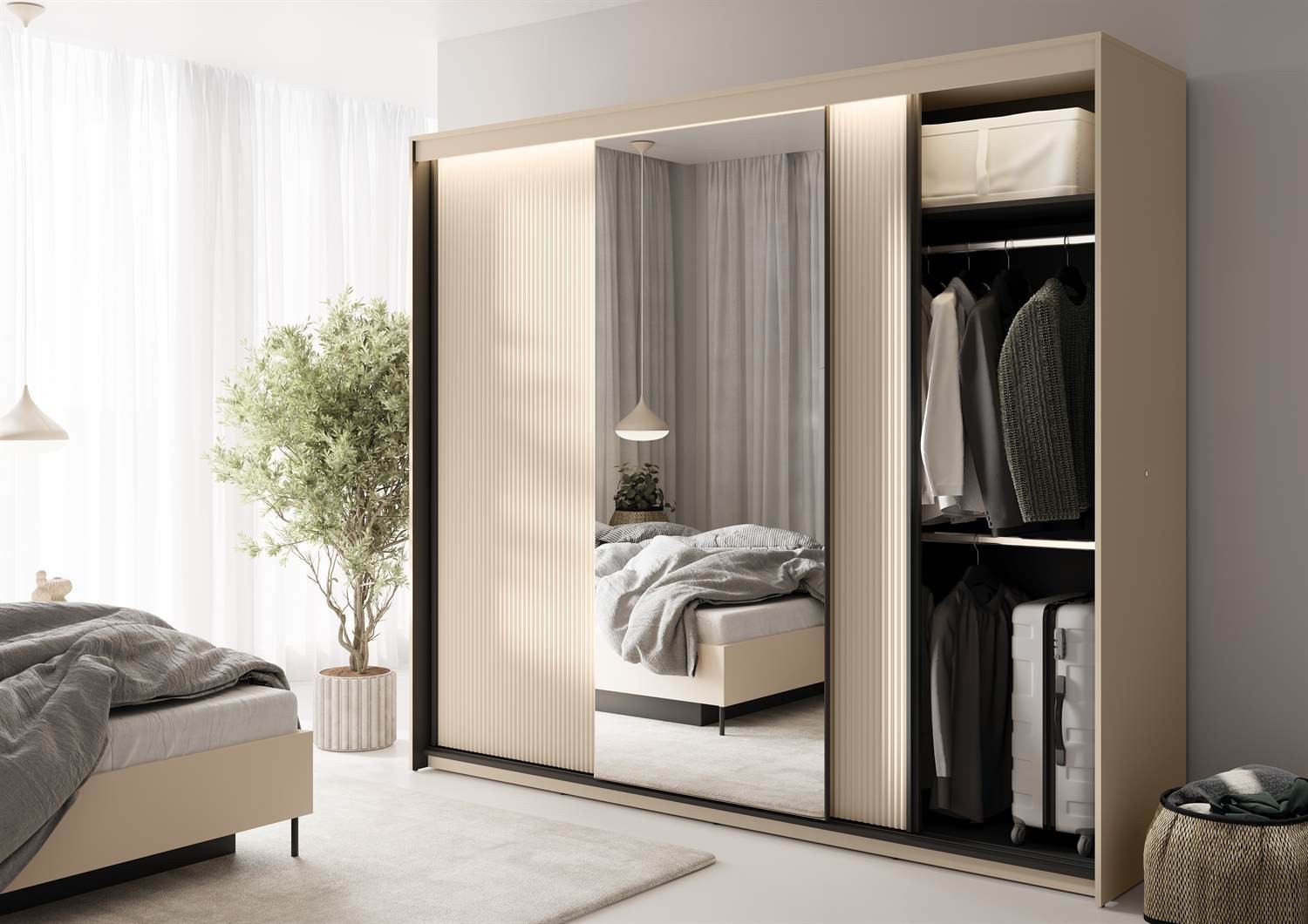 Schwebetürenschrank TREND 250 cm mit Spiegel und LED-Beleuchtung