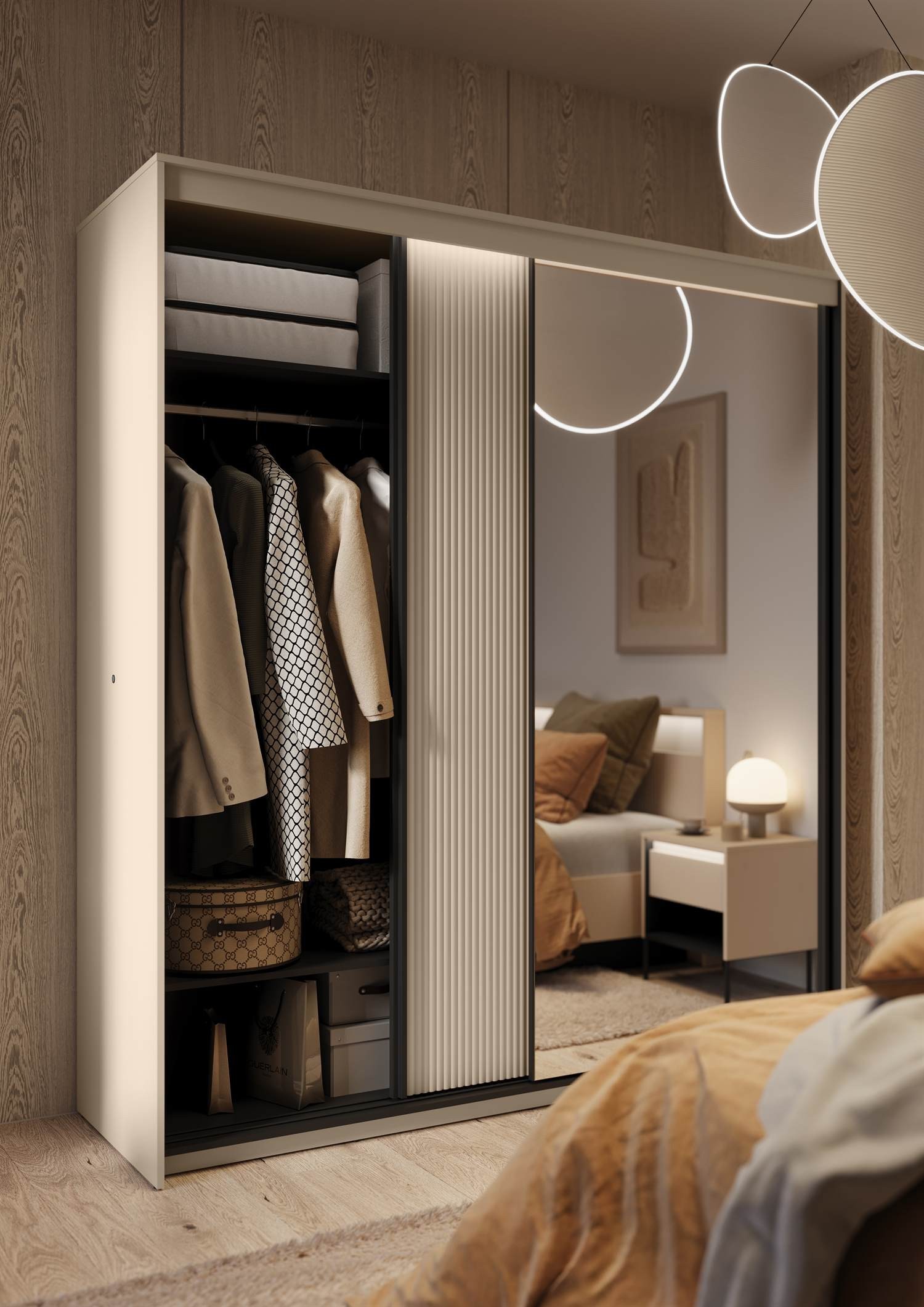 Schwebetürenschrank TREND mit Spiegel, 200 cm, und LED-Beleuchtung