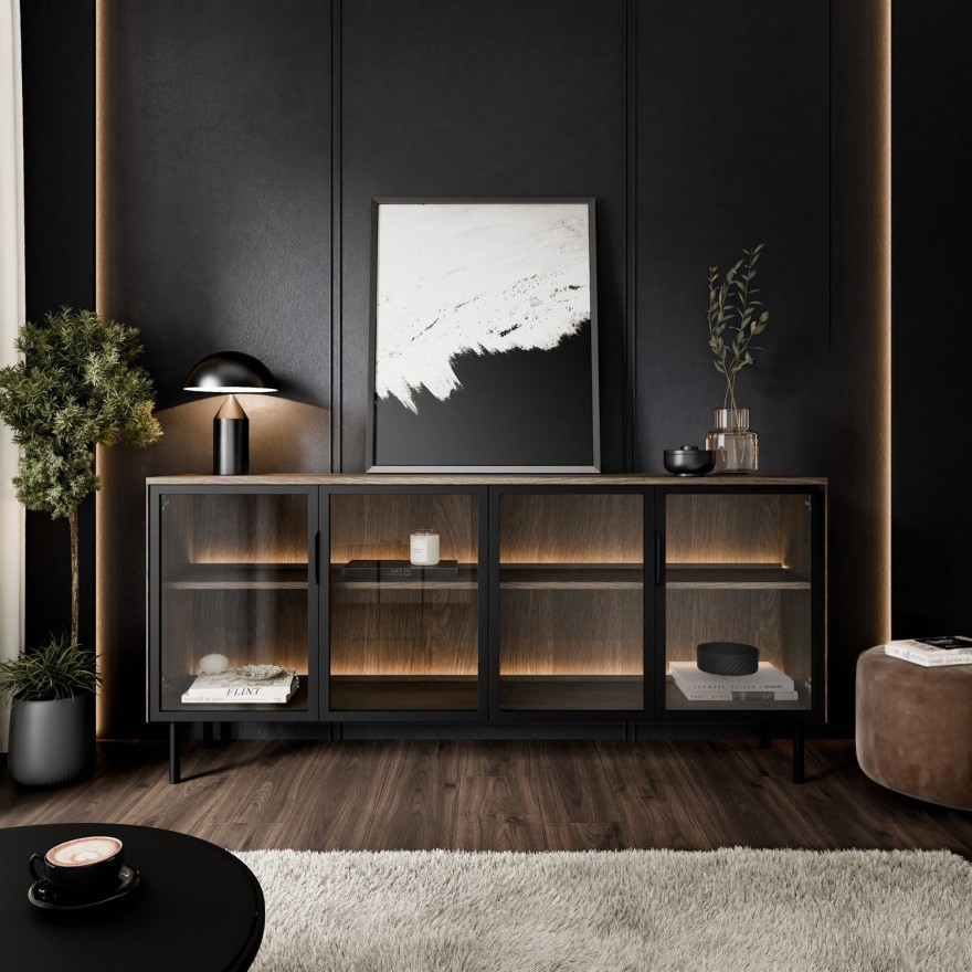Kommode LINEA LOFT mit Glasfronten und LED-Beleuchtung