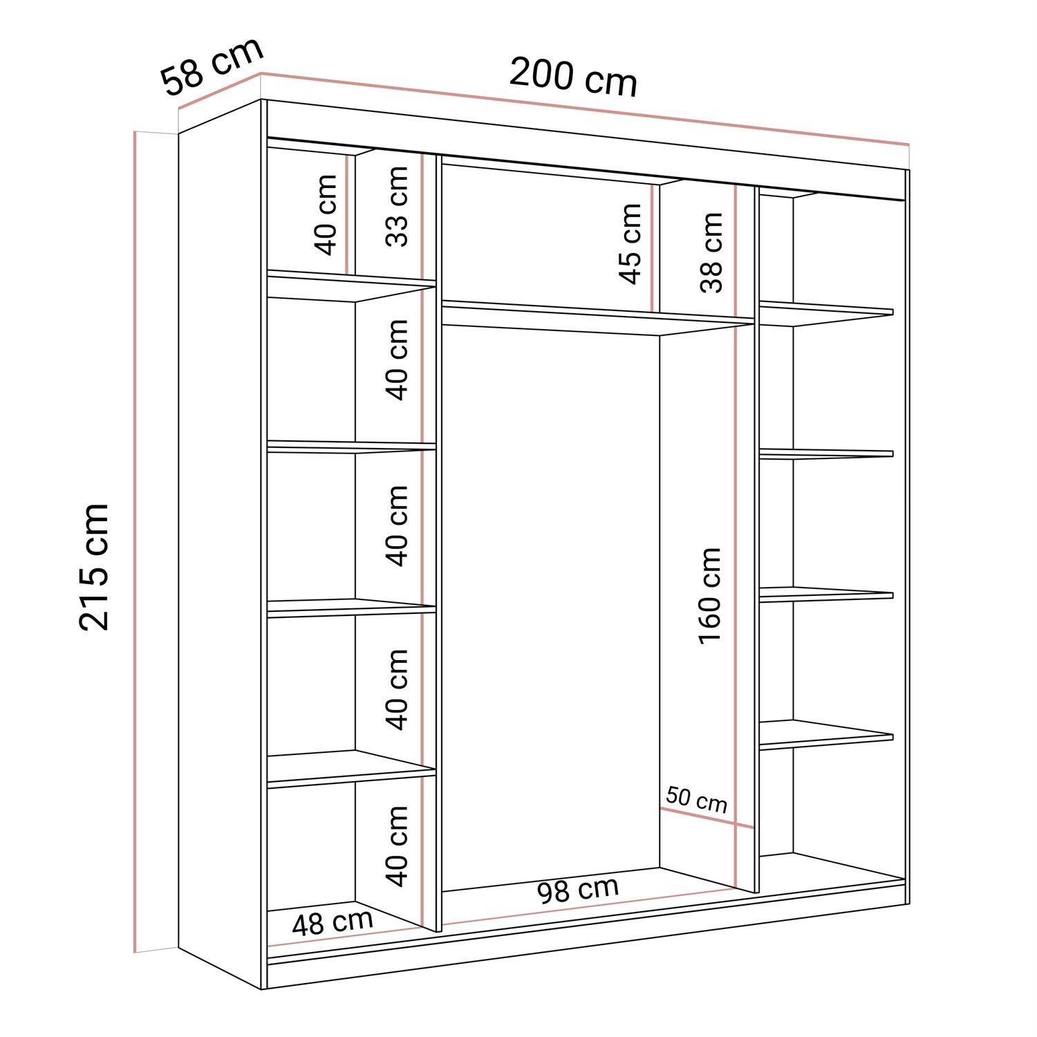 Schiebeschrank AURIS 200 cm mit goldenen Lamellen