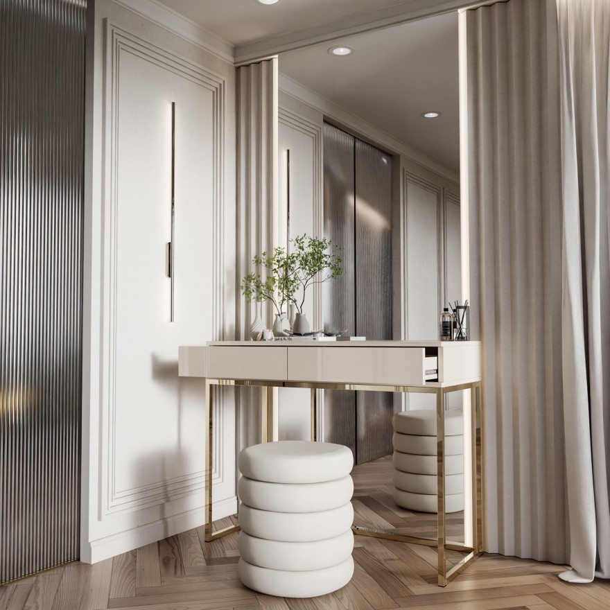 Konsole BLANCO GLAMOUR Kaschmir auf goldenem verchromtem Gestell