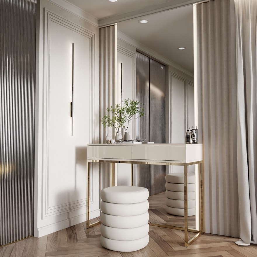 Konsole BLANCO GLAMOUR Kaschmir auf goldenem verchromtem Gestell