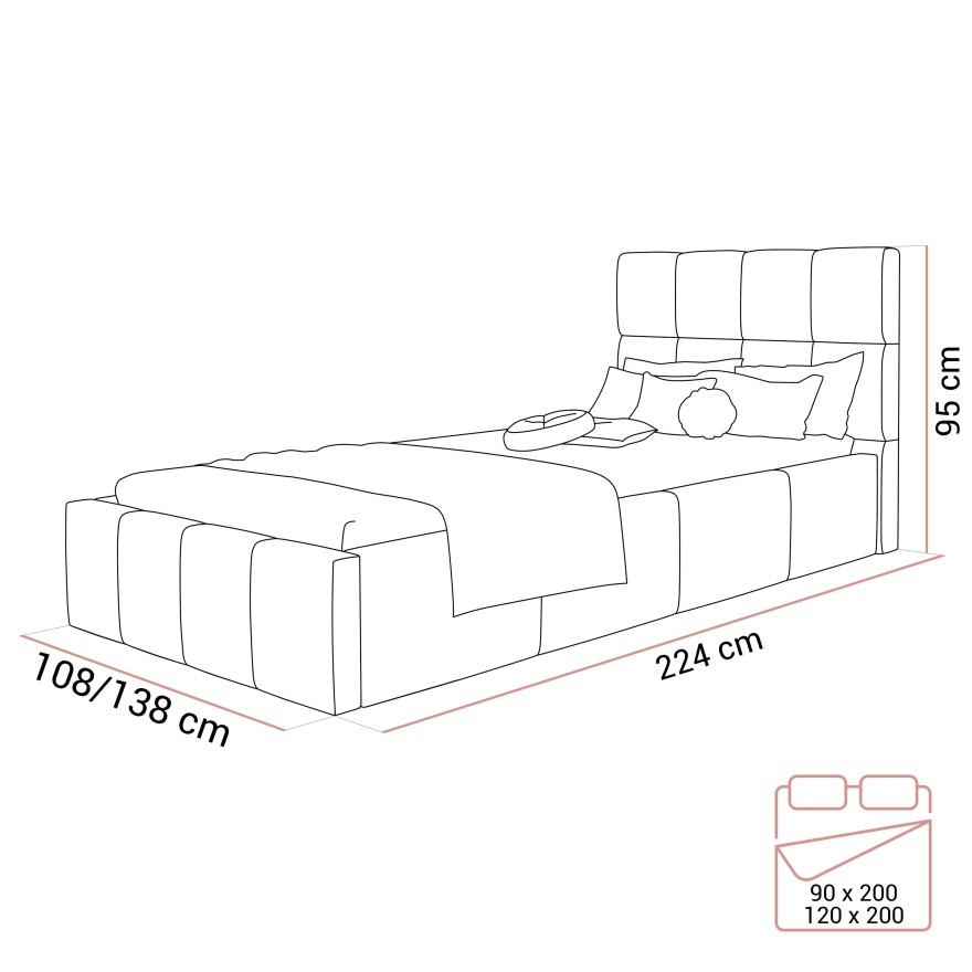 Gepolstertes Einzelbett CHARLIE 90x200 cm
